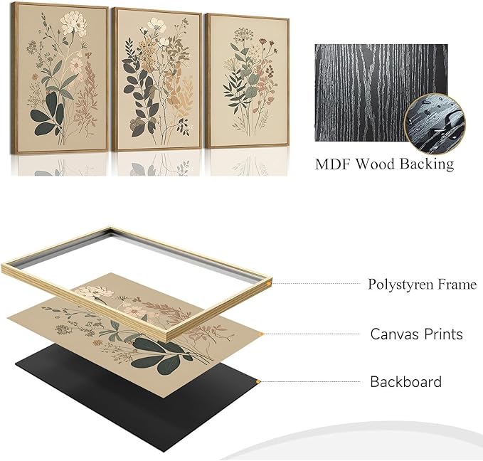 Wodkwq 3 Piece Vintage Floral Canvas Wall Art Framed,Large Wildflower Wall Art,Neutral Farmhouse Botanical Wall Painting,Modern Floral Art Prints For Living Room,Bedroom,Office 16x24in