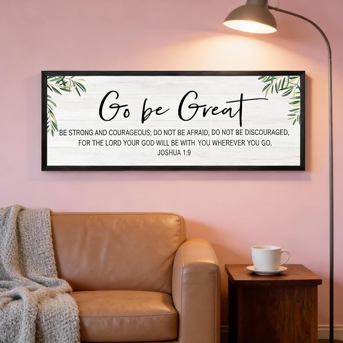 Go Be Great Wall Decor: 40x15 Inch Large Framed Bible Verse Wall Art, Joshua 1:9 Scripture Sign, Christian Wall Decor for Bedroom Living Room, Black Wooden Frame, Natural, Black