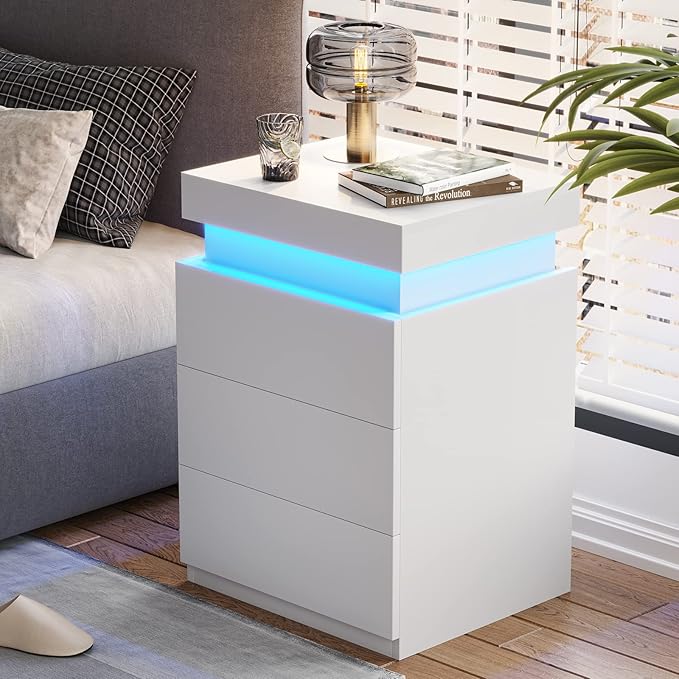ADORNEVE Nightstand with Charging Station and LED Lights,Night Stand with Sliding Top for Bedroom,Bedside Table with Drawers,Modern End Side Table,White