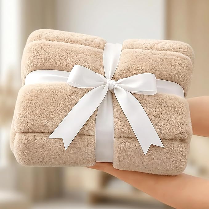 Cozy Bliss Deluxe Sheared Rabbit Faux Fur Throw Blanket, Soft Fuzzy High-Low Sculpted Plush Blanket for Couch, Cozy Home Accent, All Season Use, Khaki 50"x60"