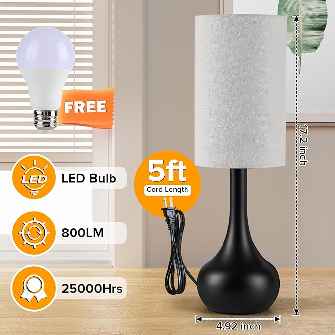 Touch Table Lamp for Nightstand, 3-Way Dimmable, Space Saving & No Assembly Required, Upgraded Small Farmhouse Black Bedside Lamp for Bedroom, Living Room, Office (Bulb Included)