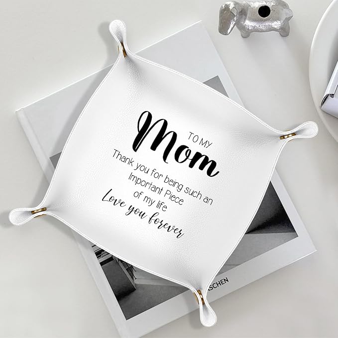 Mom Gifts Leather Jewelry Valet Tray,I Love You Mom Gift from Son Daughter PU Leather Catchall Beside Caddy Nightstand Organizer Tray for Jewelry Rings Watches Keys and Accessories,7.8x7.8inch