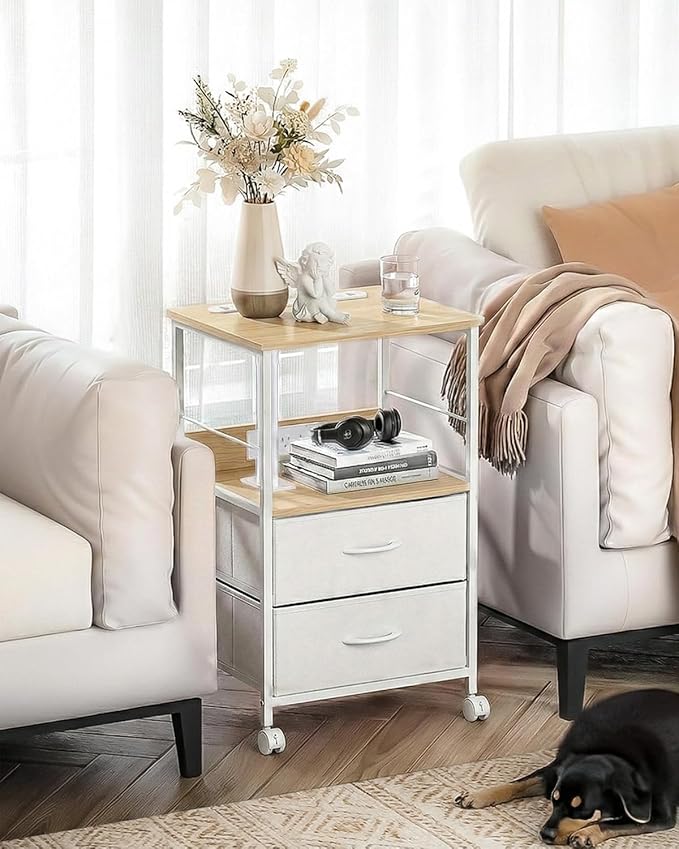 360° Swivel Nightstand with Height Adjustable, Lift Top Bedside Table with Charging Station, Rolling Night Stand with 2 Fabric Drawers, End Table with Wheels, for Bedroom, Living Room, Natural White