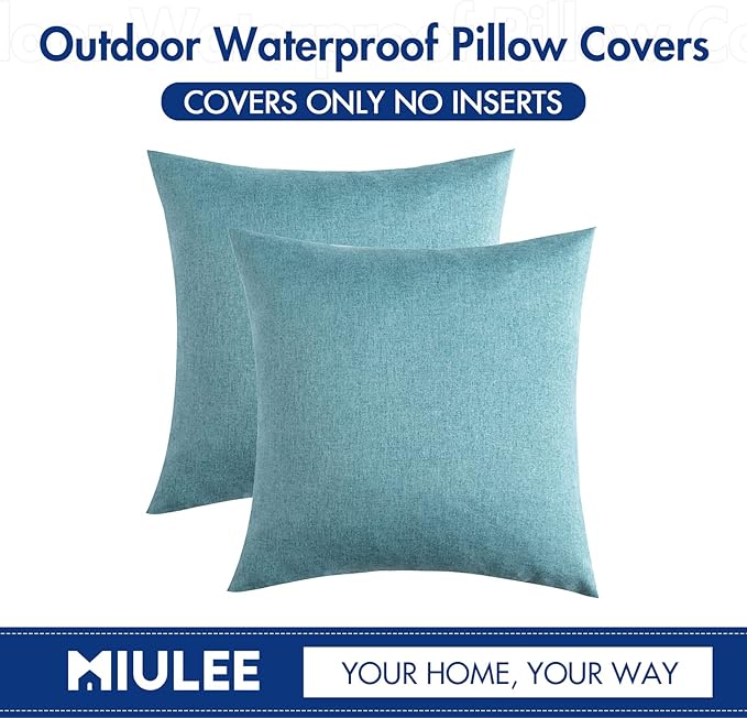 MIULEE Pack of 2 Decorative Outdoor Solid Waterproof Throw Pillow Covers Euro Sham Faux Linen Garden Farmhouse Coastal Cushion Cases for Summer Patio Tent Balcony Couch Sofa 24x24 Inch Turquoise