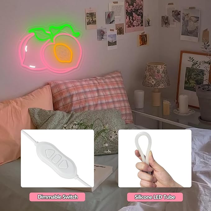 Peach Neon Sign for Wall Decor, Dimmable Pink Peaches Fruit Neon Lights, Vibrant Fruit Themed Neon LED Signs for Kids Room, Bedroom, Restaurant, Bar, Club, Fruit Shop, Birthday Party