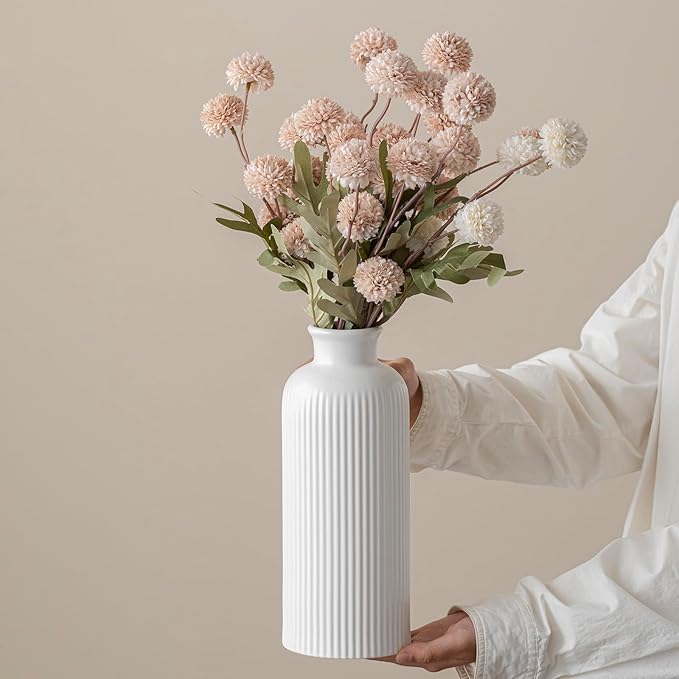 White Ribbed Ceramic Vase for Flowers, Modern Textured Decorative Vase, 10 Inch Tall, Farmhouse Style Home Decor (Matte Glaze White)