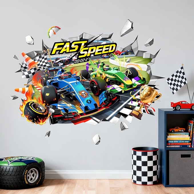 3D Racing Car Wall Decals - Speeding Race Car Break Through Wall Stickers for Boys Kids Toddles Teens Bedroom Nursery Playroom Classroom Decor