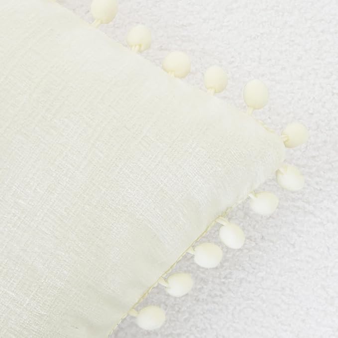 CaliTime Throw Pillow Covers Decorative 22 X 22 Inches Pack of 2 Cozy Solid Dyed Soft Chenille Cushion Cases with Pom Poms for Couch Sofa Bed Living Room Home Cream