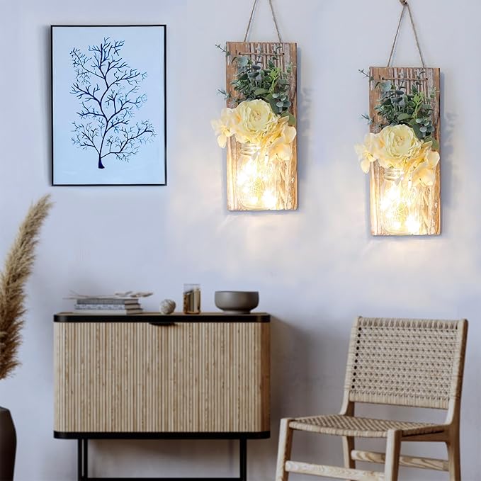 Besuerte Rustic Wall Decor Set of 2, Modern Farmhouse Decor Living Room for Home Living Room Bedroom Decorations with Rose Bouquet Flowers and Remote LED Fairy Lights (X-Large Brown)