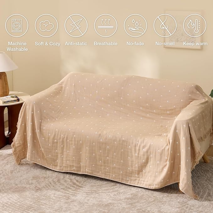 100% Cotton Boho Throw Blanket for Home Decor – Classic Farmhouse Quilt Bedding, Muslin Blankets for Adults, Vintage Woven Decorative Blanket for Couch, Bed Layering Use, Classic Dotted, 60"x80"