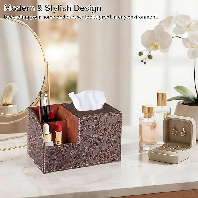 Fanousy Square Tissue Box Cover with Storage, PU Leather Cube Tissue Box Holder, Remote Control Nightstand Organizer, Modern Desk Caddy for End Table, Bathroom, Bedroom, Home, Office Decor