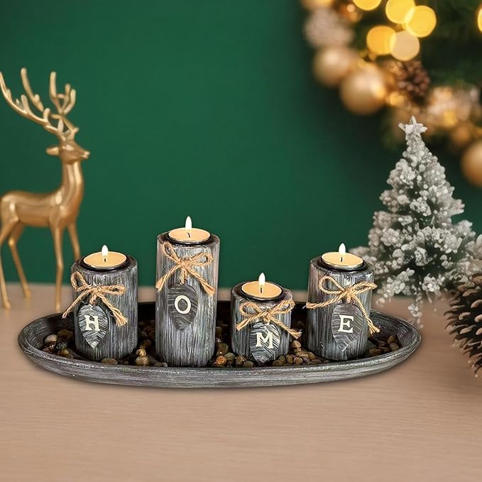 Wooden Candle Holders Centerpieces for Living Room Coffee Table Decorations,Farmhouse Table Decor Tealight Candles Holders with Rustic Tray,Candlesticks for Home Decoration Fireplace Kitchen