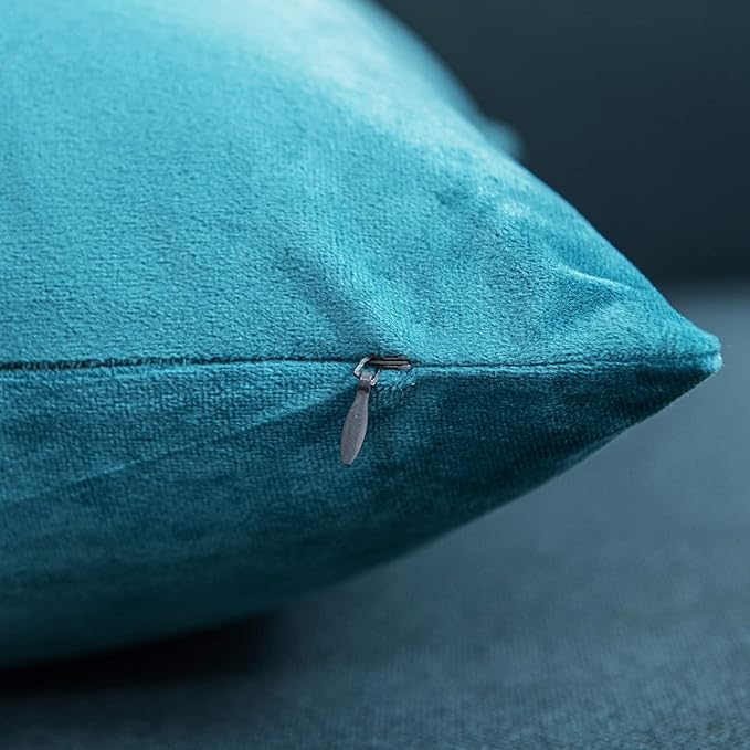 DEZENE Throw Pillow Covers 16x16 Turquoise: Pack of 2 Cozy Soft Velvet Square Modern Luxury Decorative Throw Pillow Cases for Sofa Couch Living Room Bed Home Decor