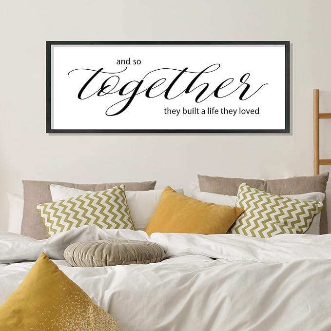 YWJKWLGS And So Together They Built a Life They Loved Family Sign Bedroom Decor Above Bed Wall Art 40x15 Inch Large Couple Love Quotes Framed for Master Room (Black)