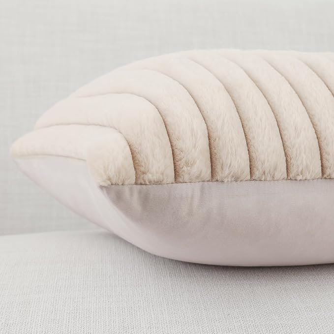 Pallene Faux Fur Plush Throw Pillow Covers 16x16 Set of 2, Luxury Soft Fluffy Striped Decorative Pillow Covers for Sofa, Couch, Living Room, Apricot