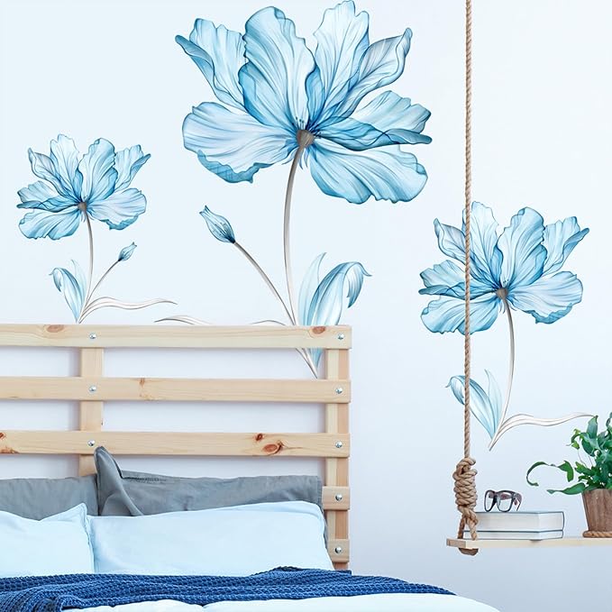 TUOKING Blue Flowers Wall Stickers Decor,6 Sheet Removable Wall Murals Peel and Stick Modern Wall Art Decal Home Decor for Kitchen,Bedroom,Living Room(MS6266)