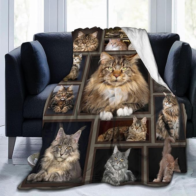 Cat Blanket for Girls Women Boys Men Adults Kids Soft Cozy Fleece Maine Coon Throw Blankets Gifts for Cat Lovers Warm Flannel Plush Stuff Lightweight Decorative for Couch Bed Sofa 60"X50"