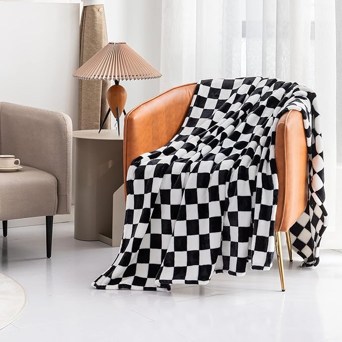 LOMAO Throw Blankets Flannel Blanket with Checkerboard Grid Pattern Soft Throw Blanket for Couch, Bed, Sofa Luxurious Warm and Cozy for All Seasons (Black, 40"x60")