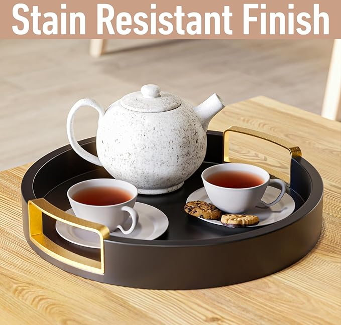 Round Decorative Tray - 12 Inch Round Black Tray with Gold Metal Handles - Stain Resistant Serving Trays for Decor - Decorative Trays for Coffee Table, Ottoman, Bar, Vanity, Kitchen, Bedroom & More