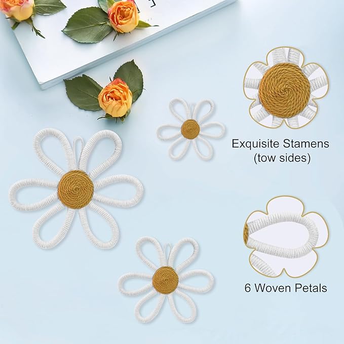6 Pcs Boho Nursery Daisy Wall Decor, Woven Flowers Wall Hanging Art, White Boho Floral Room Decor with Lanyard for Office, Toddler Baby Little Girls Kids Home Bedroom Above Bed Decorations (White)