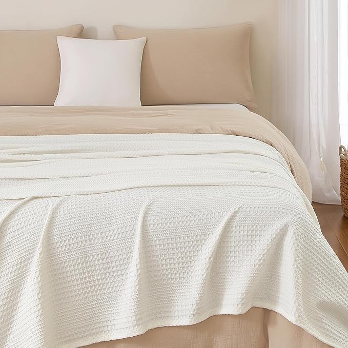 PHF Lightweight Waffle Weave Blanket Queen Size, Breathable & Ultra Soft, 90"x 90" Soft & Cozy Thin Blanket for All Season & Hot Sleepers, Bed, Home Decor - Coconut White
