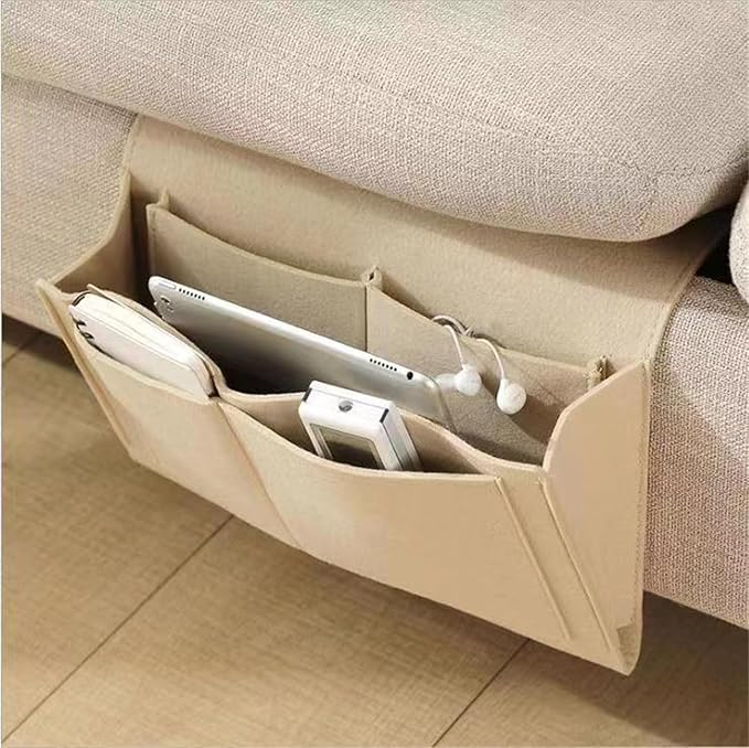 Bedside Caddy,Felt Bed Side Caddy Organizer With 5 Pockets For Remote,Bed Pockets Bedside Storage Can Hold Tablet Magazine Book Phone And Fruit,For Bed,Sofa,Desk (beige)