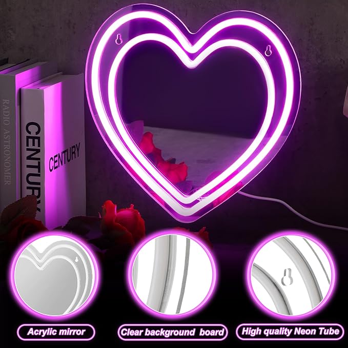 Heart Mirror Neon Sign Powered LED Light Pink 12" x 12" Decorative Wall Mirror Love Acrylic Mirrors Wall Art Decor Girl's Make-up for Christmas Party Gift Dorm Beauty Salon Room Decor