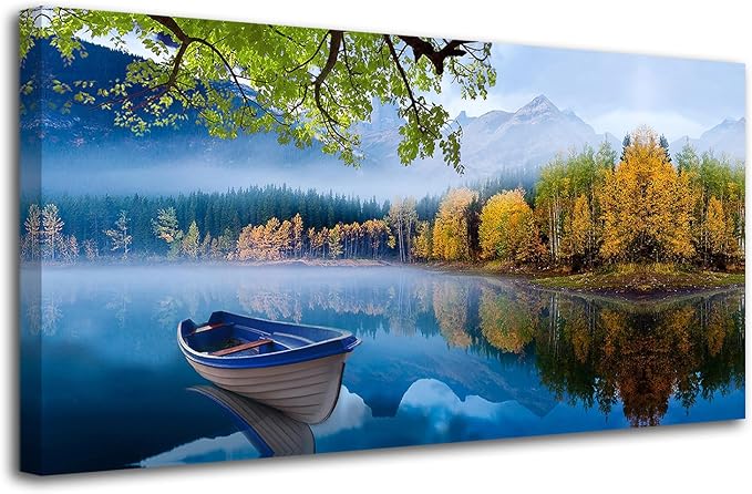 Arjun Landscape Wall Art for Living Room Lake Canvas Blue Picture Bedroom, Nature Boat Artwork Modern Nature Painting Framed Large Home Office Dining Room Wall Decor, Extra Large 58"x29"