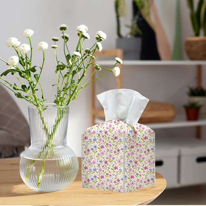 Tissue Box Cover, Tissue Box Holder, Square with Belt Bottom, PU Leather Decorative Organizer for Desk, Tabletop, Countertop Bathroom, Toilet Car, Office, Bedside Kitchen, Aesthetic Flower Decor