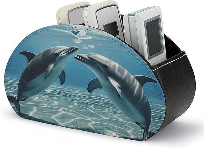 Dolphins in Love Remote Control Holder Organizer Box with 5 Compartment PU Leather Bedside Storage Caddy Remote Organizer for Controller Media Player Pen/Pencil Storage