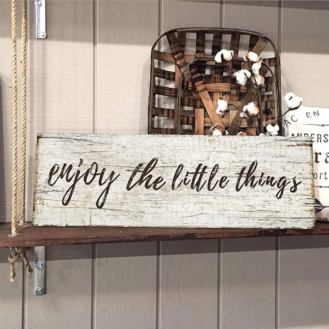 Quotes Wall Decor Enjoy the Little Things Sign Family Wall Signs Canvas Prints Rustic Wooden Wall Art Wood Pictures for Living Room Bedroom Office Home Decor, 6 X 17 Inch Framed