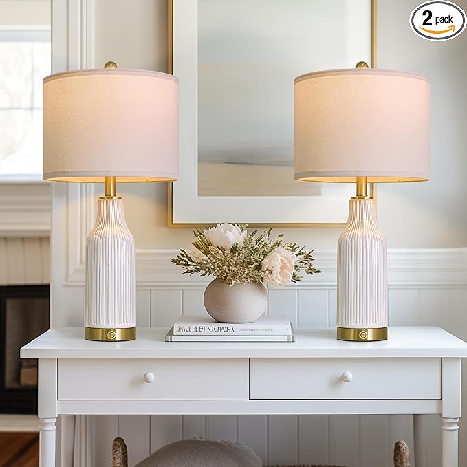24.5" Modern 3-Way Dimmable Touch Control with 5FT Cord & USB A+C Ceramic Lamps Set of 2 Table Lamp for Living Room Bedroom Farmhouse Nightstand Bedside White