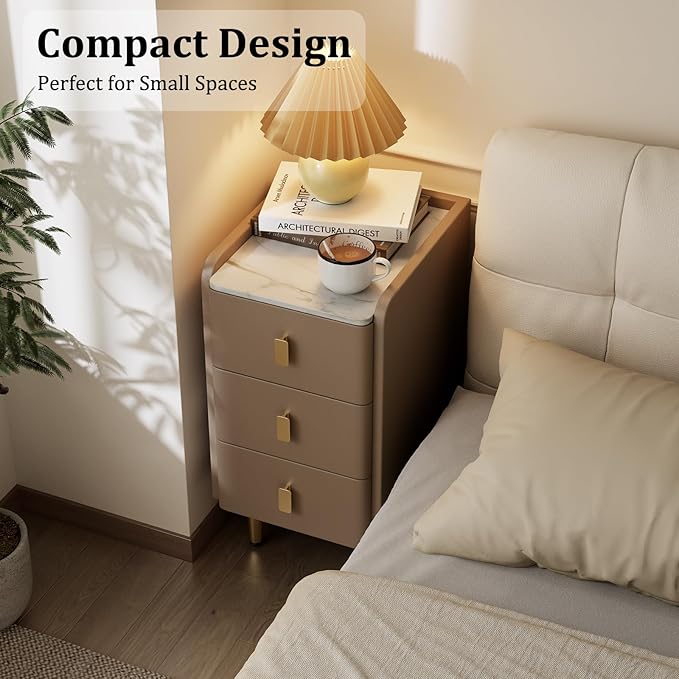 AQIMUELE Narrow Nightstand with Drawers, Narrow Side Table Leather, Small Bedside Tables for Bedroom. (Beige)