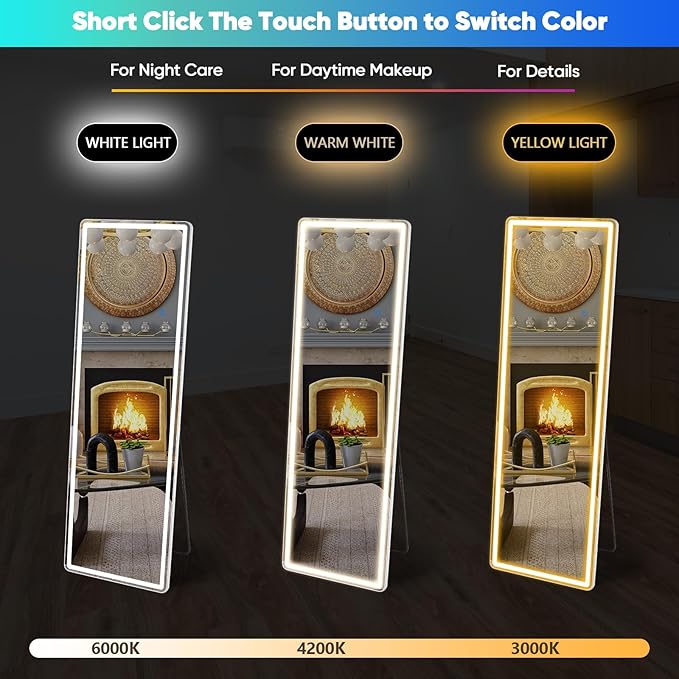 OLIXIS 16"×60" Full Length Mirror with Light, LED Floor Full Body Mirror with 3 Color Lighting