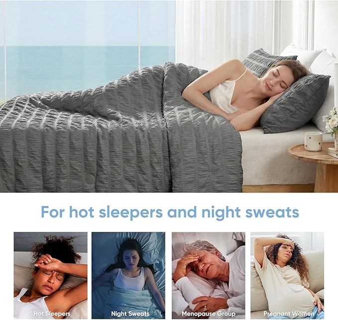 Cozy Bliss Vertical Striped Seersucker Cooling Comforter Queen Size, Lightweight Airflow Silky Cooling Bedding with Q-Max>0.45 for Bedroom, Home Decor, Hot Sleepers & Night Sweats, Grey 90"x90"