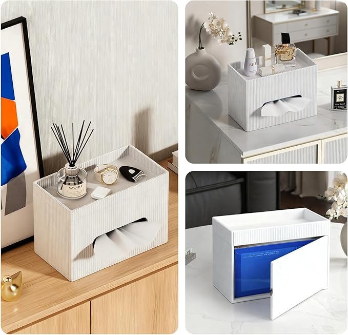 Rectangular Tissue Box Holder with Storage Tray - Large PU Leather Tissue Box Cover, White, Suitable for Bathroom, Nightstand, Office