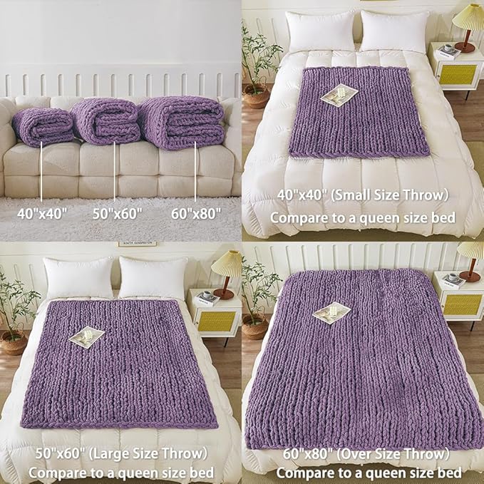 WESHIONGOO Chunky Knit Blanket Throw Knitted Throw Blankets for Couch Bed Fluffy Soft Blanket with Jumbo Chenille Yarn Thick 100% Handmade (Purple, 51"×63")