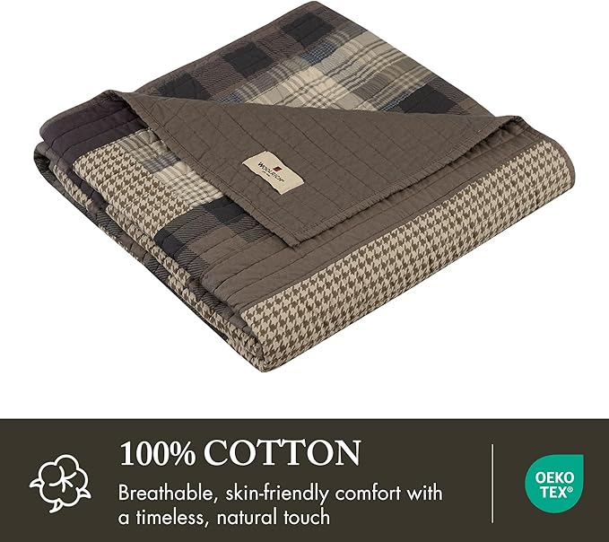 Woolrich Luxury Quilted Throw - Cabin Lifestyle, Patchwork with Moose Design All Season, Lightweight and Breathable Cozy Bedding Layer Throws for Couch Sofa, 50" W x 70" L, Winter Hills Tan