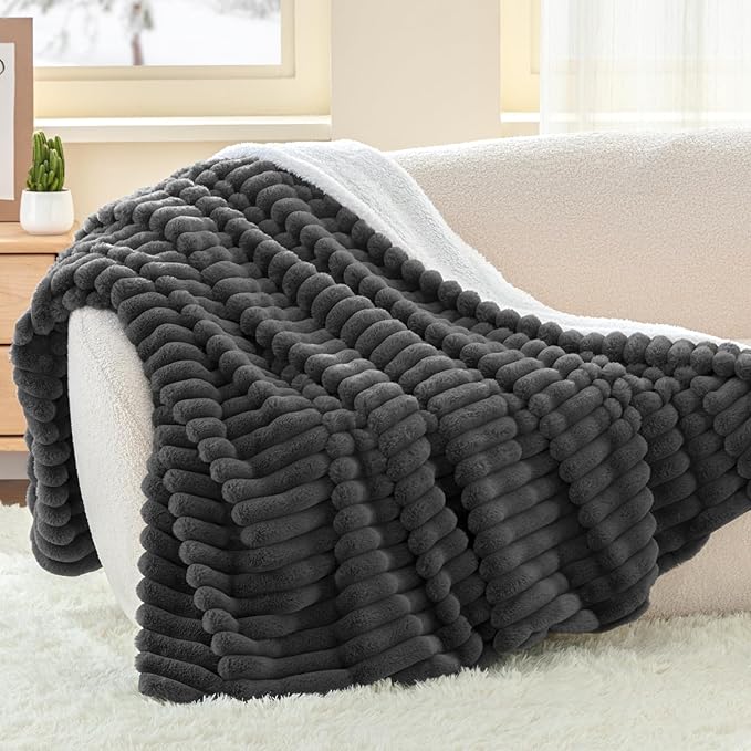 INFIIXSO Sherpa Throw Blanket for Couch - Super Soft & Warm Striped Fleece Blanket, Cozy Plush Fluffy Blanket All Season Use (Grey, 60x80 Inches)