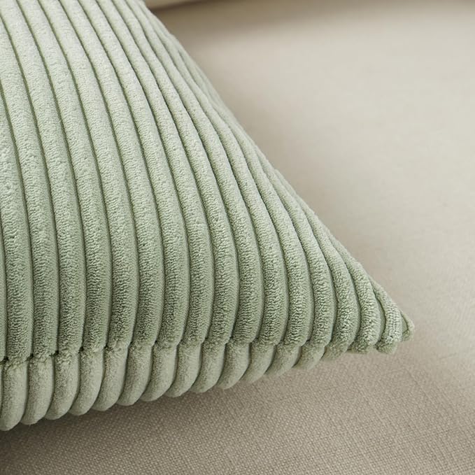 Fancy Homi 2 Packs Sage Green Long Lumbar Decorative Throw Pillow Covers 12x24 Inch for Couch Bed Sofa, Rustic Farmhouse Boho Home Decor, Soft Striped Corduroy Rectangle Accent Cushion Case 30x60 cm