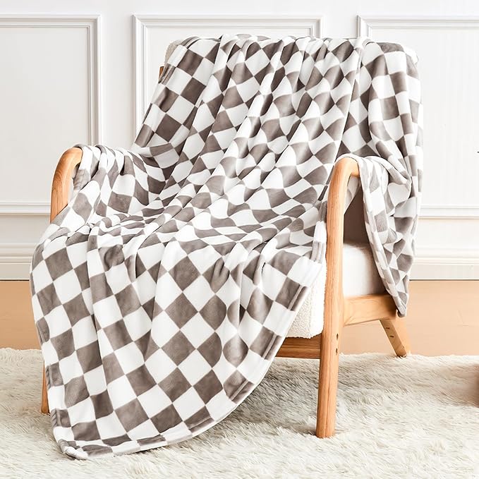 Light Grey Checkered Blanket, Ultra Soft Fluffy Fleece - Checkered Grid Print Throws for Couch Sofa Bed, Cozy Luxury Throw Blanket for All Seasons, 60x80 Inch, Cashmere Smoke
