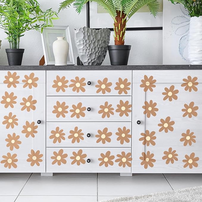 BBTO Daisy Wall Decal Flower Vinyl Wall Decals Daisy Stickers Floral Decals Peel and Stick for Nursery Art Bedroom Living Room(Simple Style,Brown)