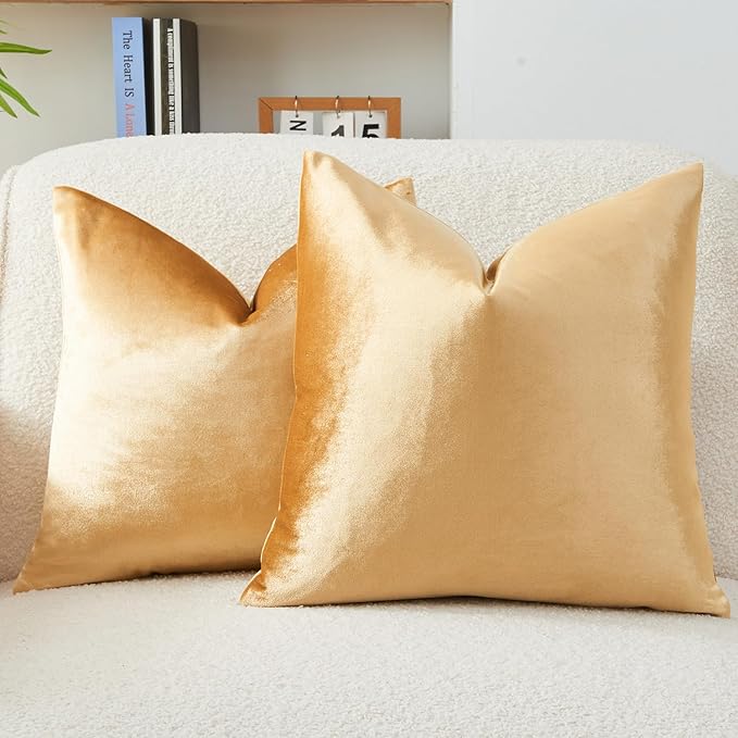 Throw Pillow Covers Gold Set of 2 18x18 Inch Pillow Covers, Soft Velvet Fall Decorative Cases for Couch Sofa Bed, Home Boho Decor, Modern Farmhouse Cushion Covers