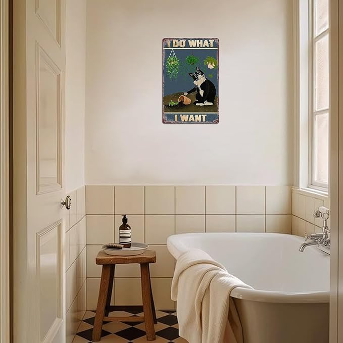 Funny Black Cat Wall Art Metal Tin Sign Vintage Cat Bathroom Poster I Do What I Want Cat Signs Personalized Wall Decor Funny Cat Sign Welcome To The Bathroom A Cat Will Signs 8x12 Inch