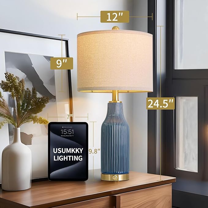 24.5" Modern 3-Way Dimmable Touch Control with 5FT Cord & USB A+C Ceramic Lamps Set of 2 Table Lamp for Living Room Bedroom Farmhouse Nightstand Bedside Blue