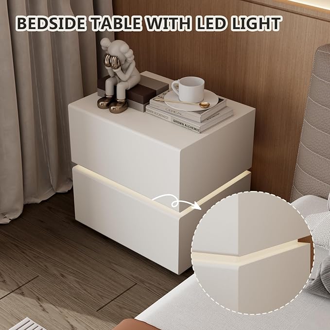 Nightstand with 2 Drawer, Bedside Table with Microfibre Leather, Fashion Night Stand for Bedroom, No Assembly Required (White, 2 Drawers with Light)