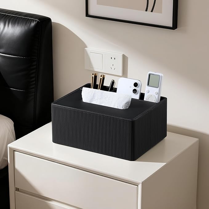 Tissue Box Cover Rectangle with 2 Compartments Remote Holder, PU Leather Tissue Box Holder Rectangle for Livingroom NightStand, Tissue Holder for 120(3-Ply)/160(2-Ply) Tissue Box (Black)