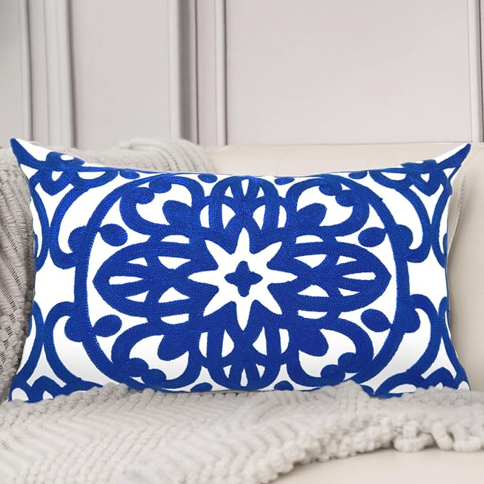 Alysheer Embroidered Lumbar Decorative Throw Pillow Cover 12"x 20", Classic Boho Mandala Embroidery Pattern Cotton Rectangular Cushion Case for Sofa Couch Living Room Bedroom (Royal Blue)