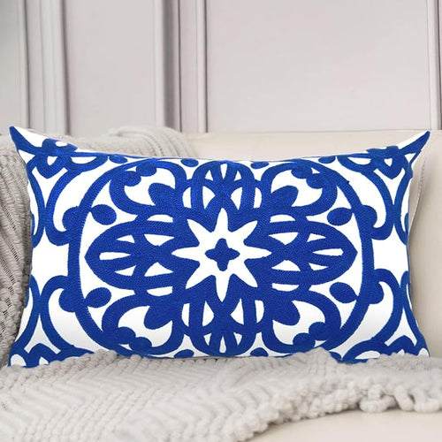 Alysheer Embroidered Lumbar Decorative Throw Pillow Cover 12"x 20", Classic Boho Mandala Embroidery Pattern Cotton Rectangular Cushion Case for Sofa Couch Living Room Bedroom (Royal Blue)