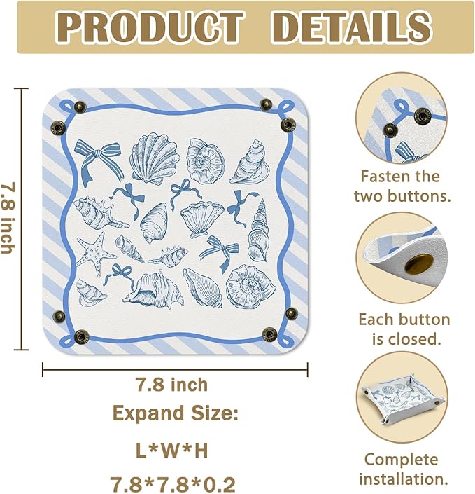 Coastal Beach Coastal Seashell Jewelry Valet Tray for Women, Beach Lovers Gifts PU Leather Catchall Beside Caddy Nightstand Organizer Tray for Jewelry Rings Watches and Accessories,7.87x7.87in